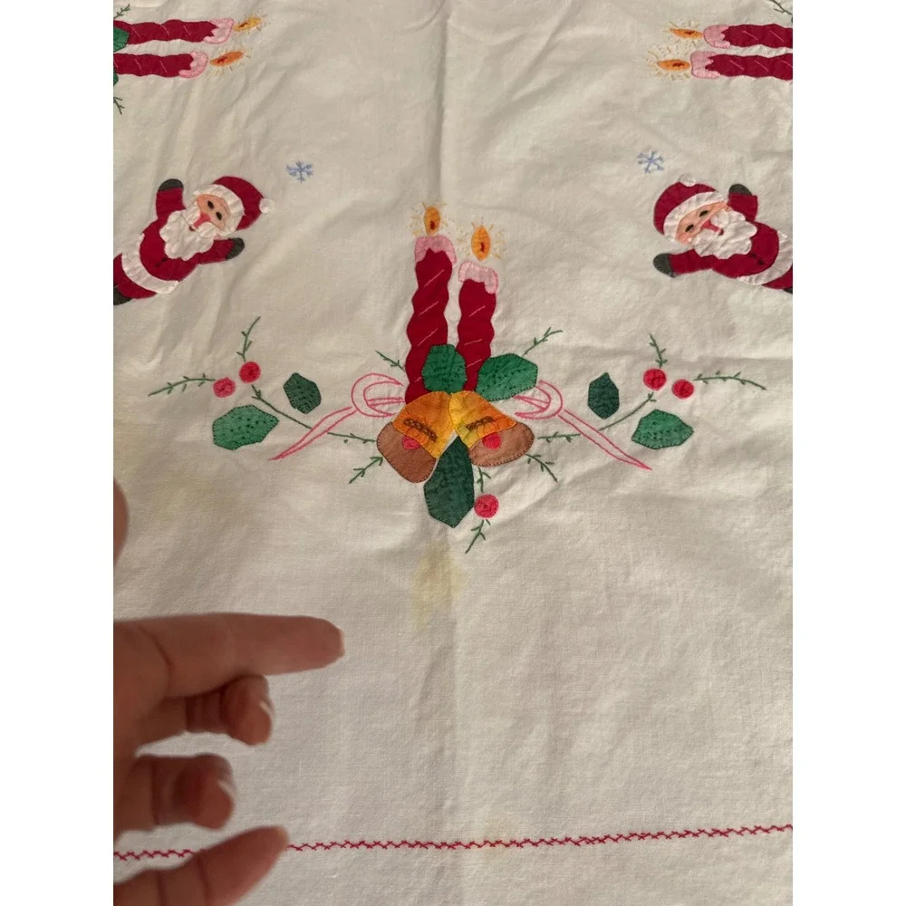 Vintage Hand Embroidered Christmas Tablecloth Santa Claus Scalloped Edge 61x79